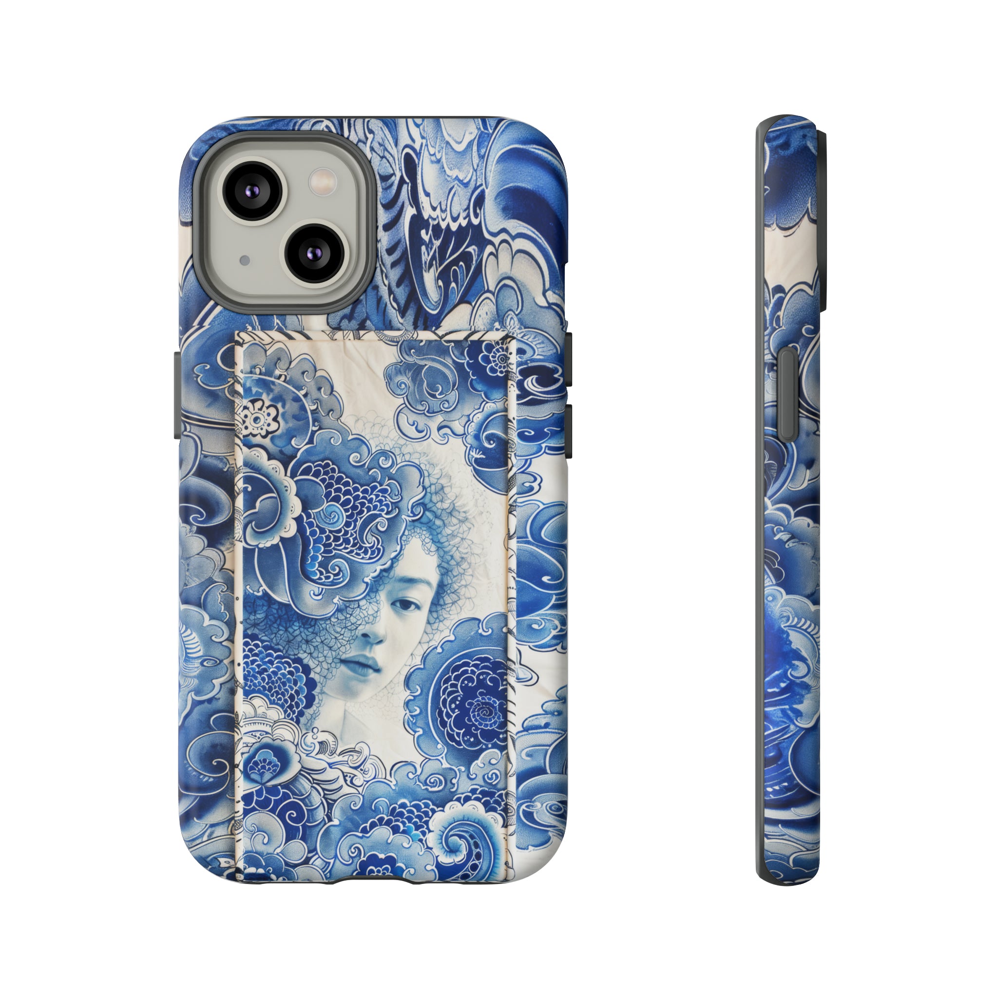 Phone Case, vintage blue girl tile , Artistic design, Tough Case, Blue vintage tile design, iPhone 15, 14, 13, 12, 11, Samsung, Pixel