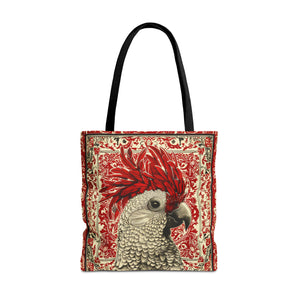 Canvas Tote Bag, vintage inspired exotic bird design in red, vibrant artistic accessory, whimsical all over print bag, three sizes