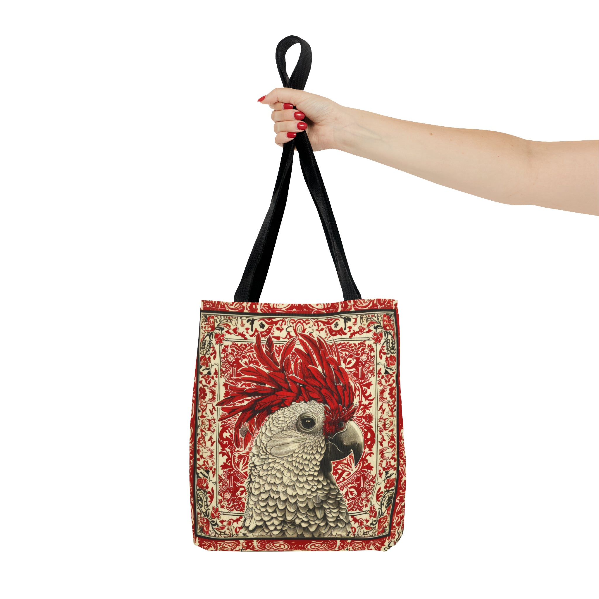 Canvas Tote Bag, vintage inspired exotic bird design in red, vibrant artistic accessory, whimsical all over print bag, three sizes