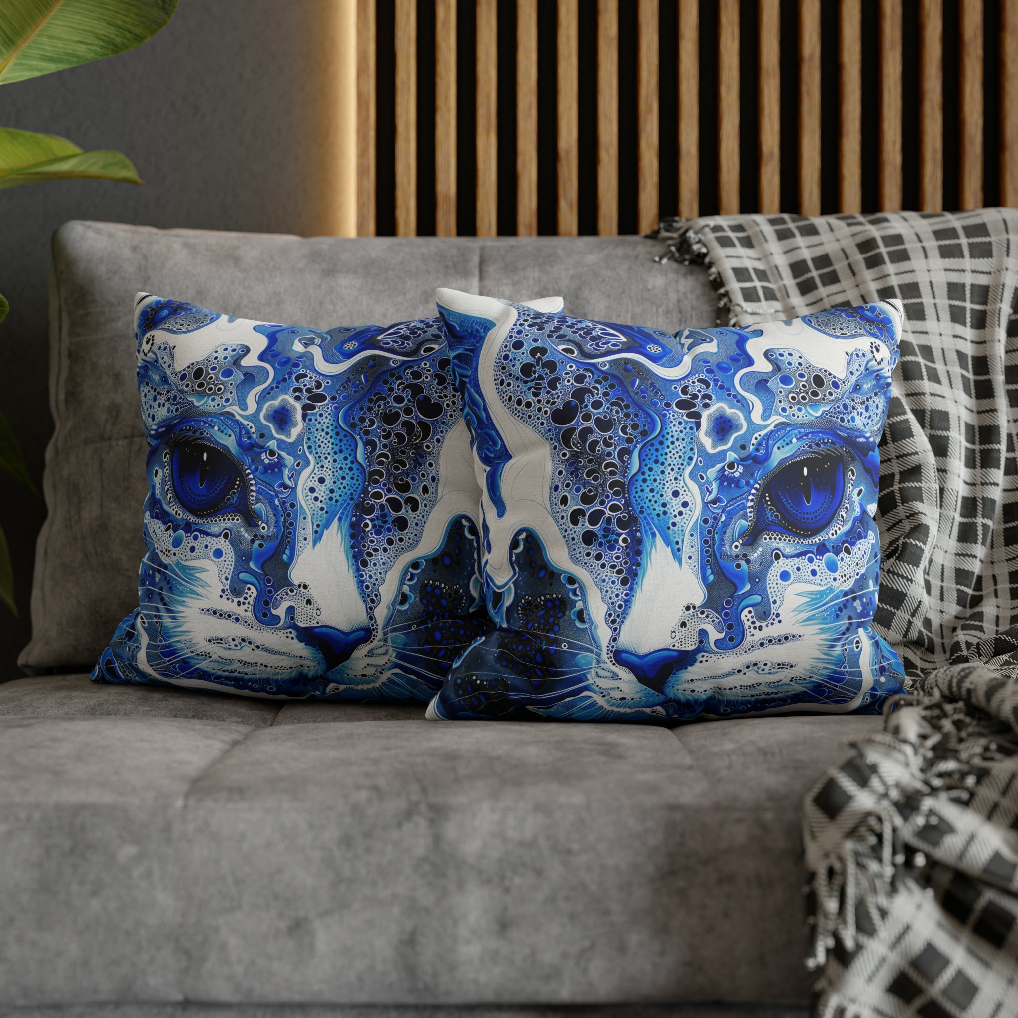 Modern style Blue cat pillow, beautiful animal accent pillow, Home decor for cat lover, unique whimsical cat theme, abstract art  style, case only