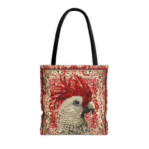 Canvas Tote Bag, vintage inspired exotic bird design in red, vibrant artistic accessory, whimsical all over print bag, three sizes