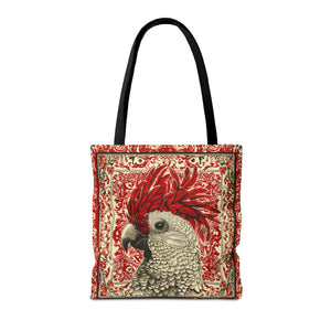Canvas Tote Bag, vintage inspired exotic bird design in red, vibrant artistic accessory, whimsical all over print bag, three sizes