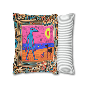 Square Pillow Case 18" x 18", CASE ONLY, no pillow form, original Pop Art Style, Blue Alien on the beach with his Dogs, Framed