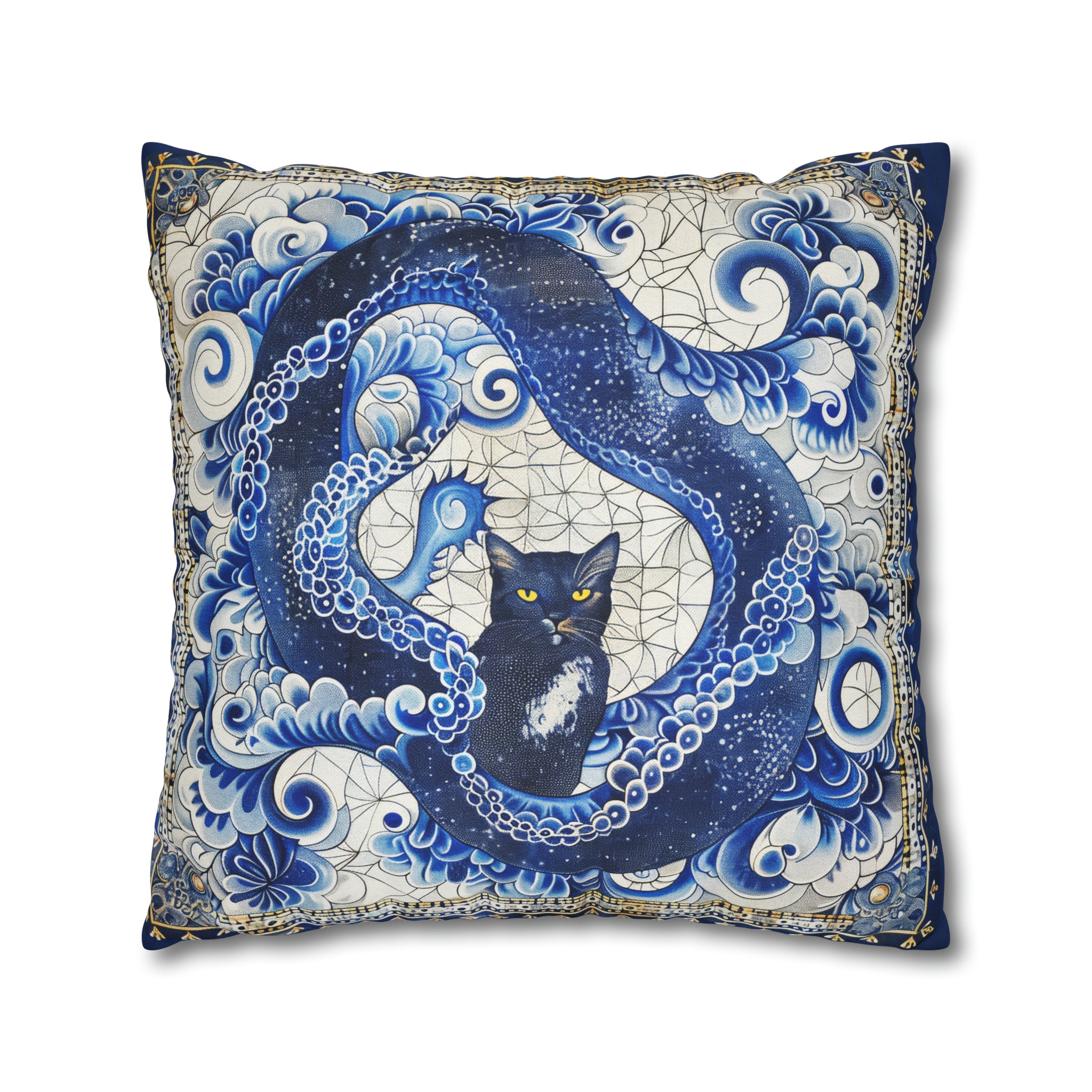 Vintage Blue cat pillow, beautiful animal accent pillow, Home decor for cat lover, unique whimsical cat theme, Portuguese tile style, case only