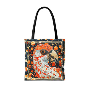 Canvas Tote Bag, vintage inspired orange bird design, vibrant artistic accessory, whimsical all over print bag in three sizes,