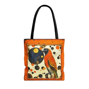 Canvas Tote Bag, vintage inspired bird in an orange frame design, vibrant artistic accessory, whimsical all over print bag in three sizes