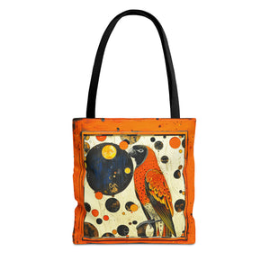 Canvas Tote Bag, vintage inspired bird in an orange frame design, vibrant artistic accessory, whimsical all over print bag in three sizes