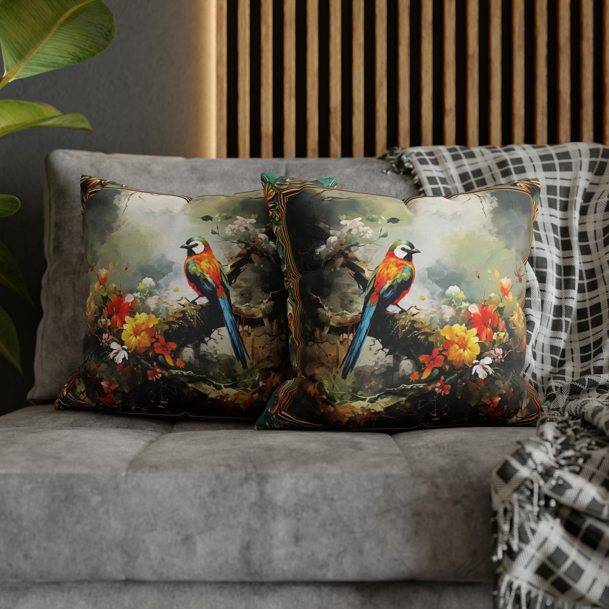 Square Pillow Case 18" x 18", CASE ONLY, no pillow form, original Art , a Colorful Green headed Bird on a Flowering Tree Branch