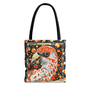 Canvas Tote Bag, vintage inspired orange bird design, vibrant artistic accessory, whimsical all over print bag in three sizes,