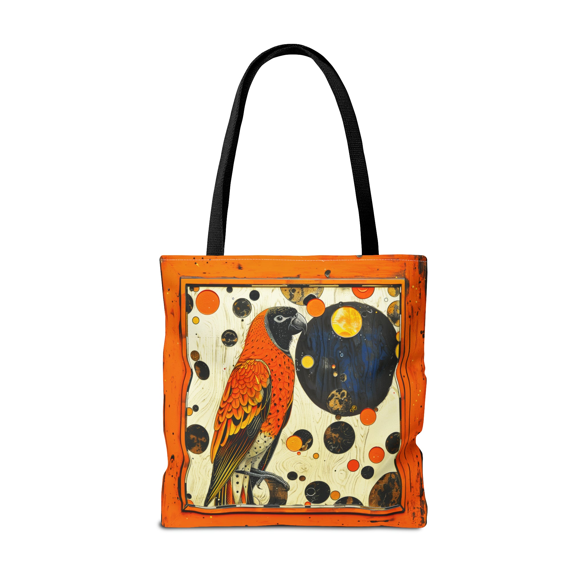 Canvas Tote Bag, vintage inspired bird in an orange frame design, vibrant artistic accessory, whimsical all over print bag in three sizes