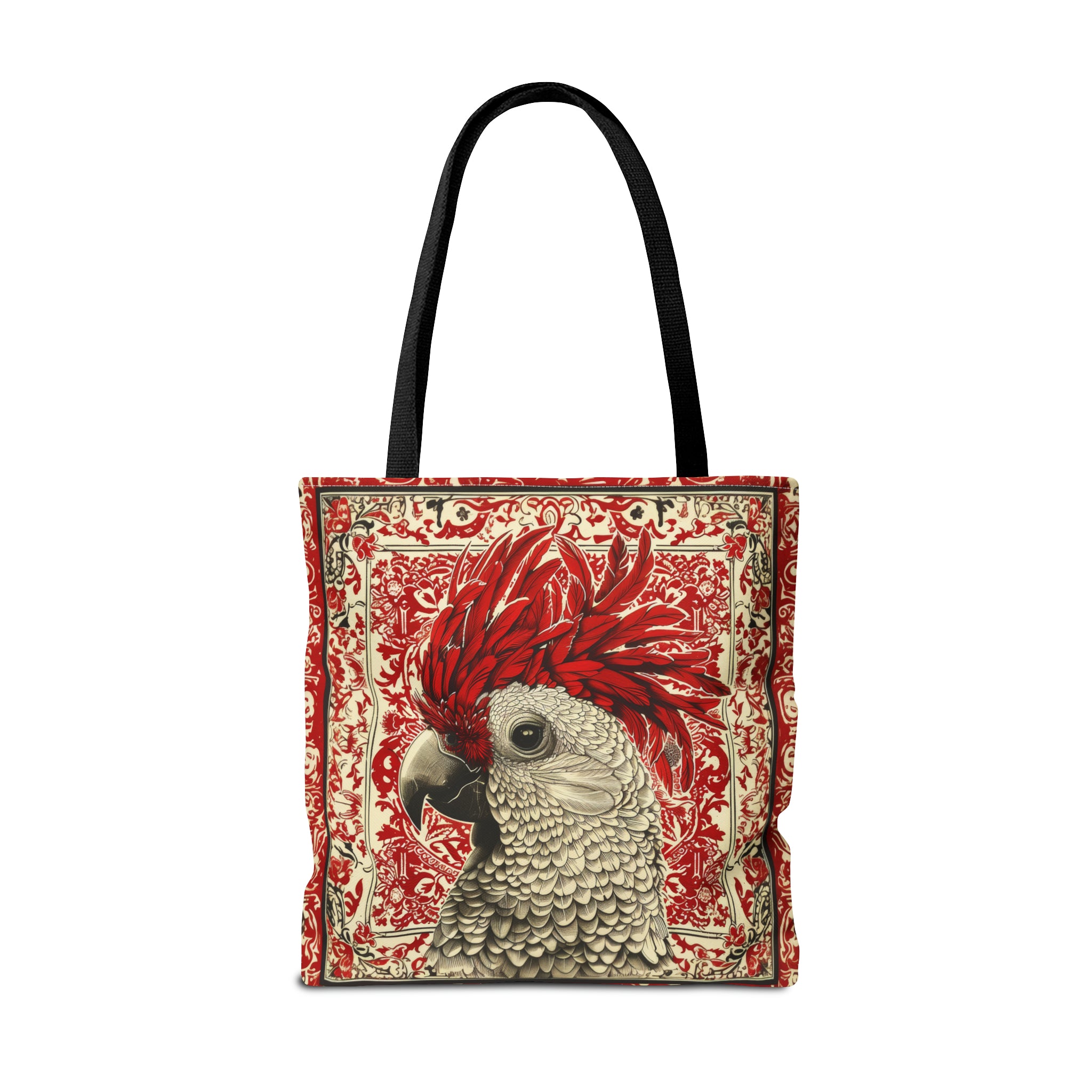 Canvas Tote Bag, vintage inspired exotic bird design in red, vibrant artistic accessory, whimsical all over print bag, three sizes