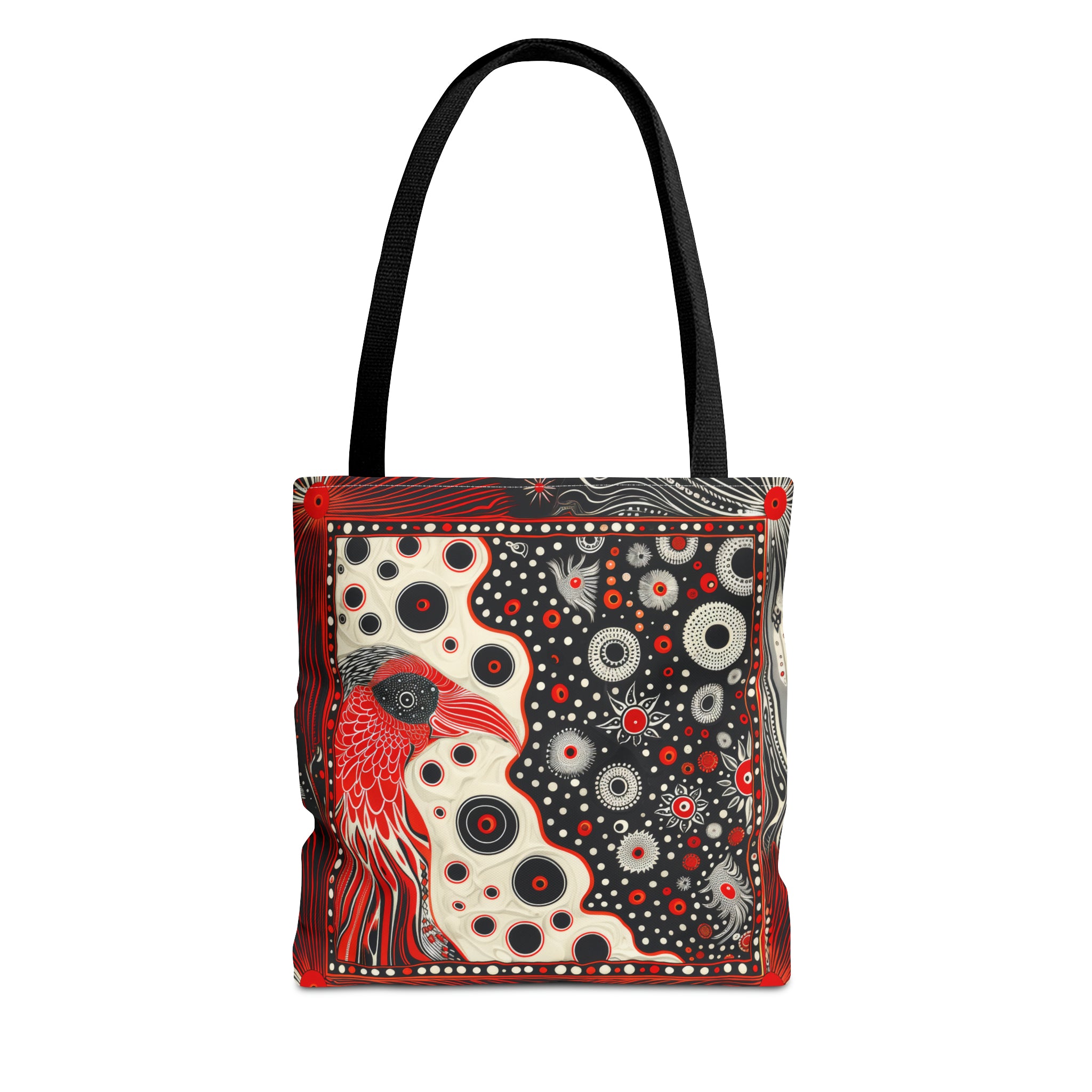 Canvas Tote Bag, Mod Red bird design, modern art inspired whimsical printed colorful design, Accessory bag, all over print