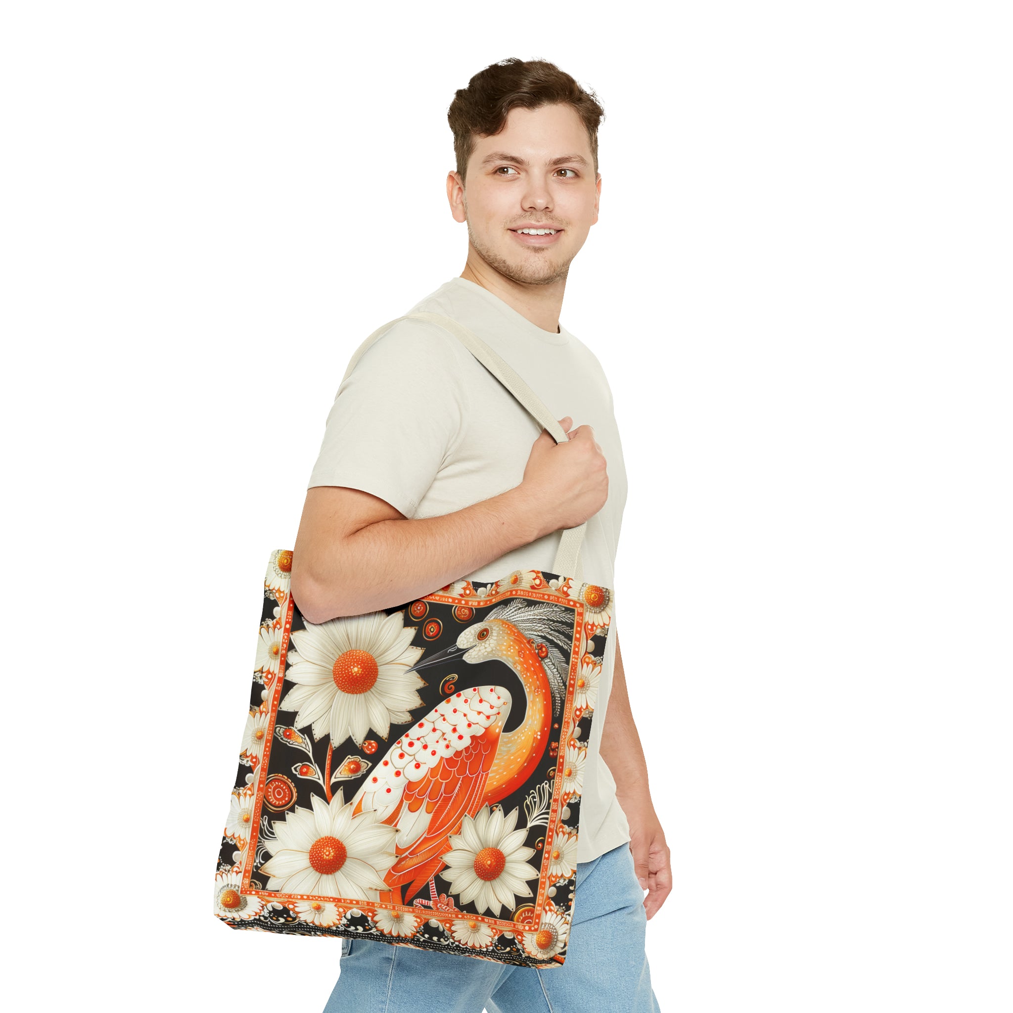 Canvas Tote Bag, inspired vintage orange stork design , vibrant artistic accessory, whimsical all over print bag in three sizes