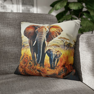 Square Pillow Case 18" x 18", CASE ONLY, no pillow form, original Art ,Colorful, a Mother Elephant and her Calf on the Plains of Africa