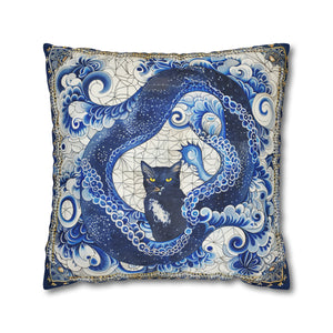 Vintage Blue cat pillow, beautiful animal accent pillow, Home decor for cat lover, unique whimsical cat theme, Portuguese tile style, case only