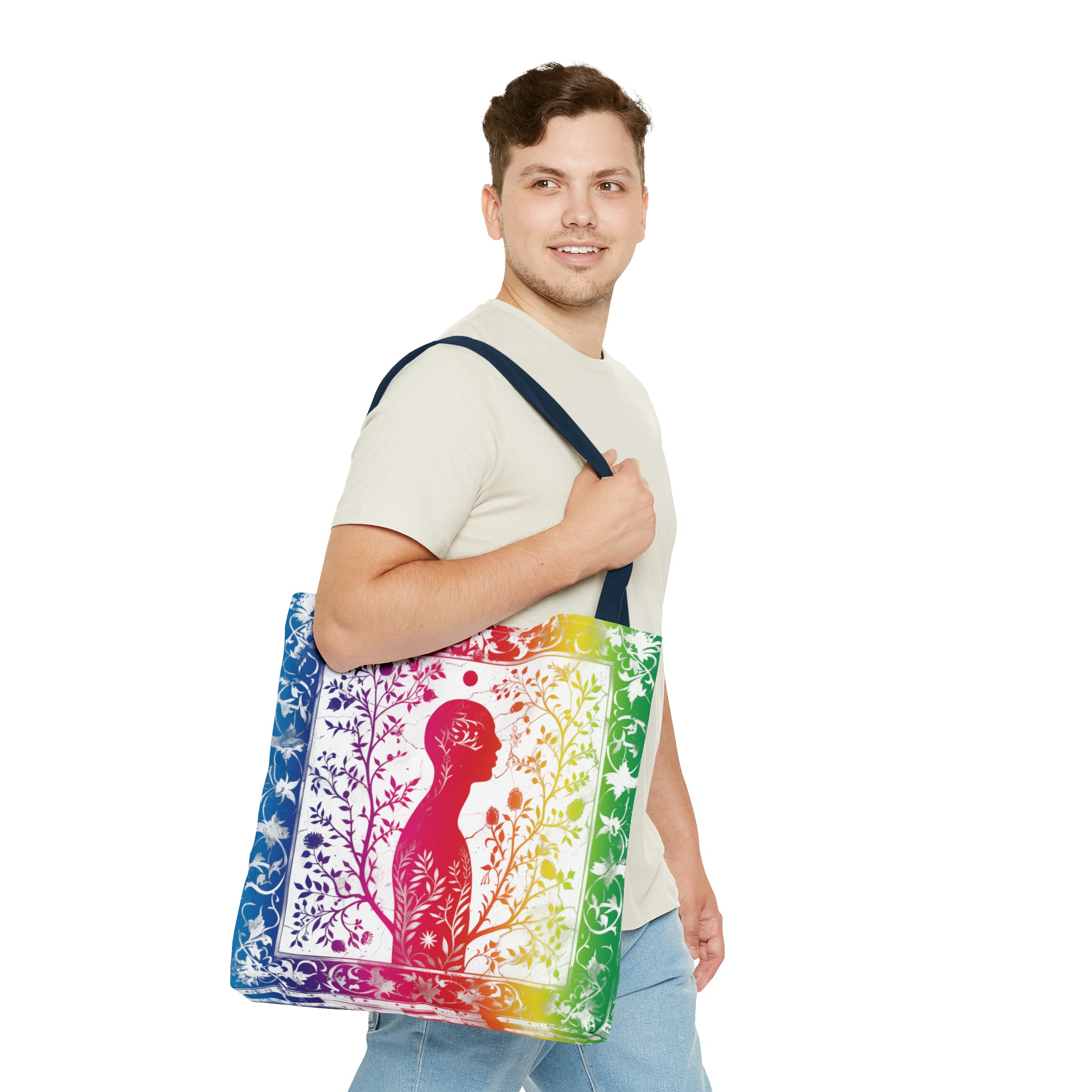 Rainbow silhouette with navy blue strap Tote Bag (AOP)