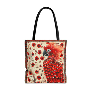 CanvasTote Bag, vintage inspired red parrot design, whimsical colorful bird printed bag, accessory tote , three sizes, all over print