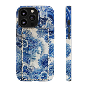 Phone Case, vintage blue girl tile , Artistic design, Tough Case, Blue vintage tile design, iPhone 15, 14, 13, 12, 11, Samsung, Pixel