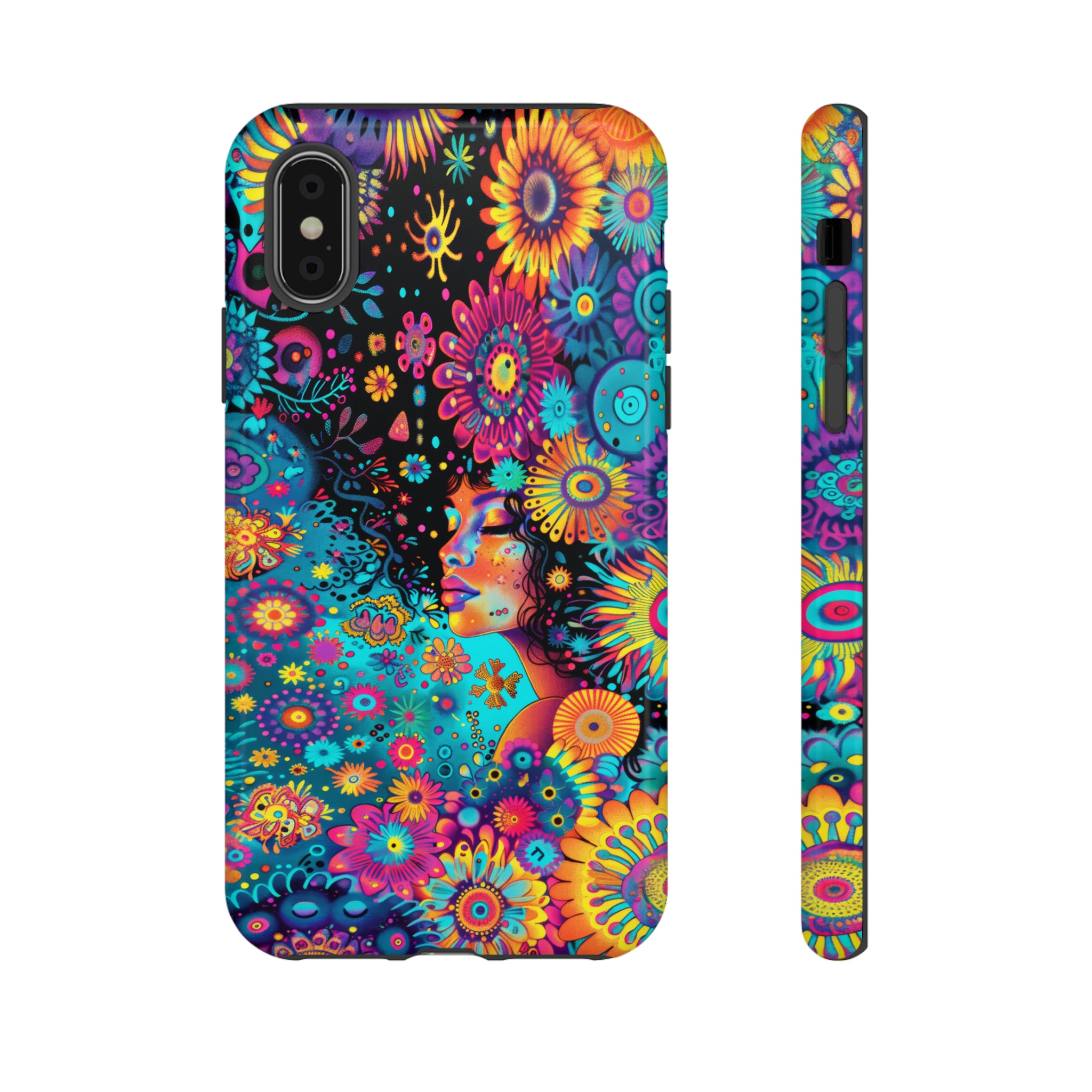 Phone Case, 1970's inspired flower girl, Artistic design, Tough Case, Colorful whimsical flower fantasy design, iPhone 15, 14, 13, 12, 11, Samsung, Pixel