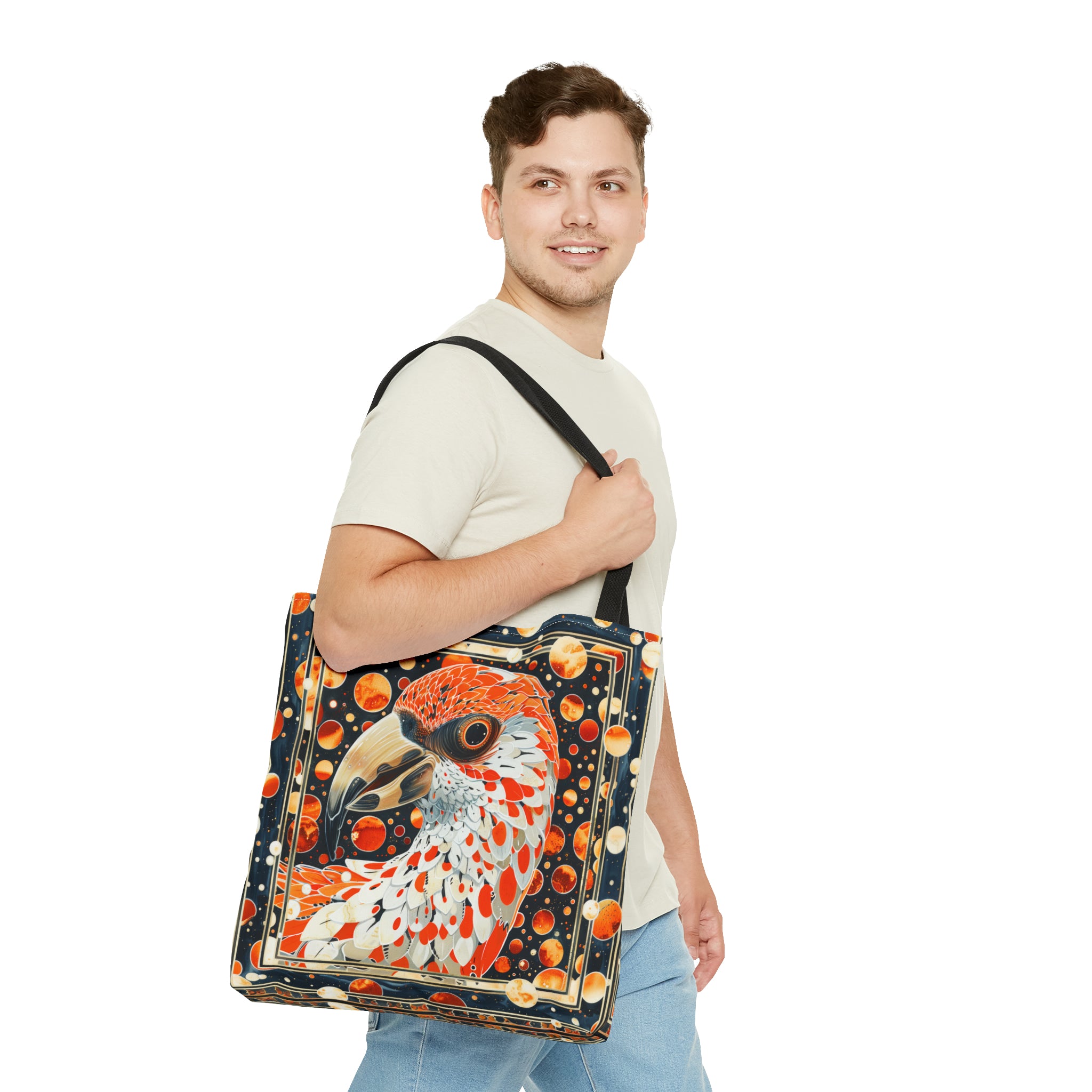 Canvas Tote Bag, vintage inspired orange bird design, vibrant artistic accessory, whimsical all over print bag in three sizes,