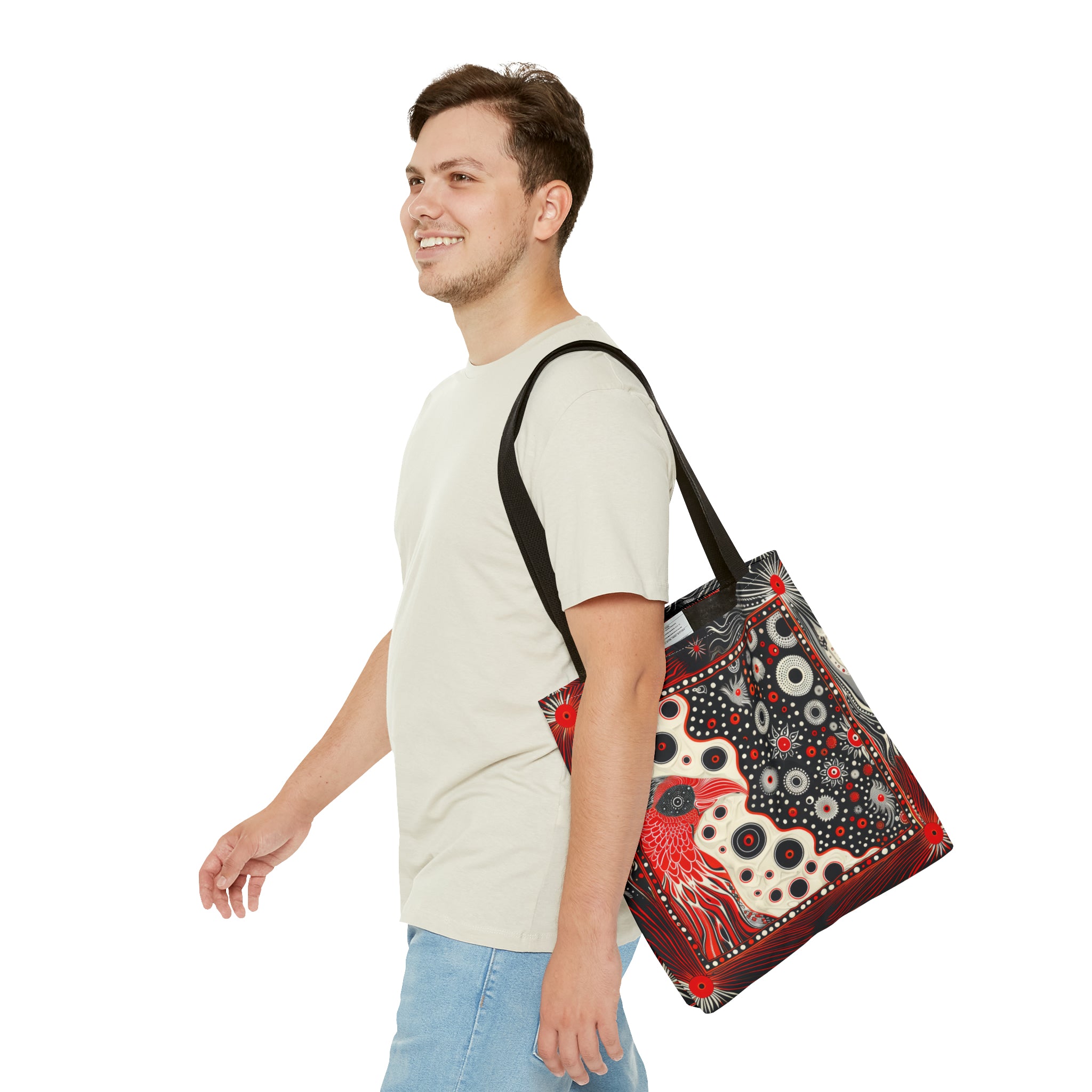 Canvas Tote Bag, Mod Red bird design, modern art inspired whimsical printed colorful design, Accessory bag, all over print