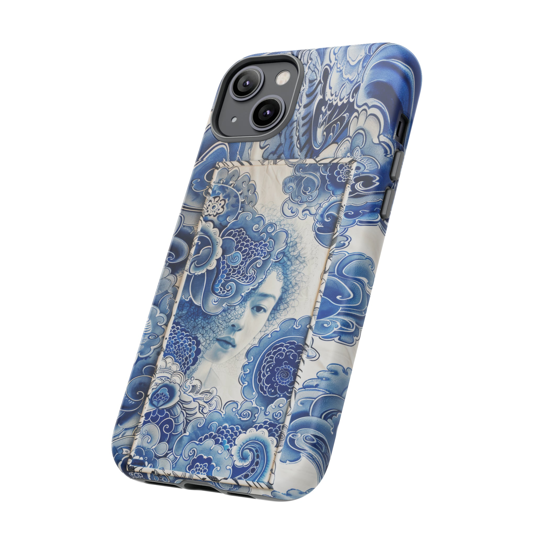 Phone Case, vintage blue girl tile , Artistic design, Tough Case, Blue vintage tile design, iPhone 15, 14, 13, 12, 11, Samsung, Pixel