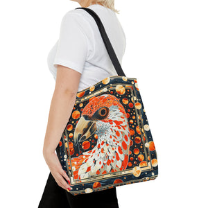 Canvas Tote Bag, vintage inspired orange bird design, vibrant artistic accessory, whimsical all over print bag in three sizes,