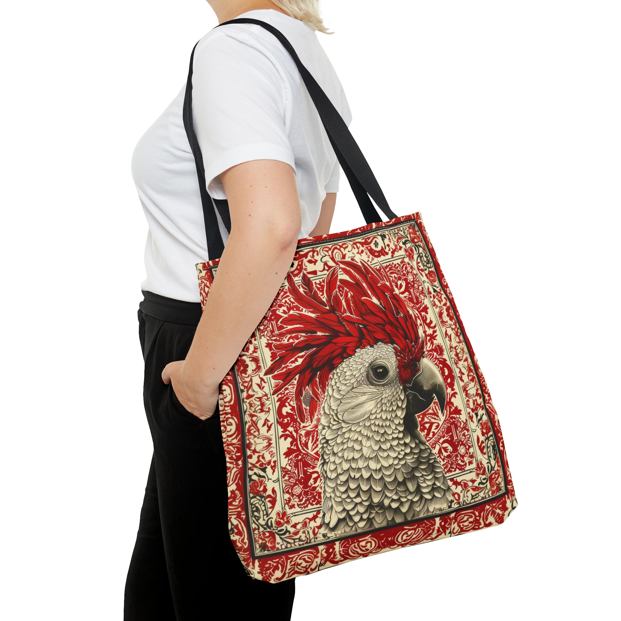 Canvas Tote Bag, vintage inspired exotic bird design in red, vibrant artistic accessory, whimsical all over print bag, three sizes