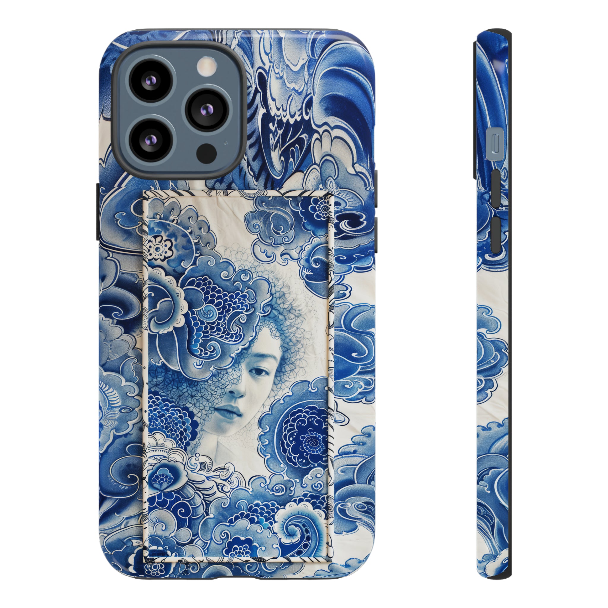 Phone Case, vintage blue girl tile , Artistic design, Tough Case, Blue vintage tile design, iPhone 15, 14, 13, 12, 11, Samsung, Pixel