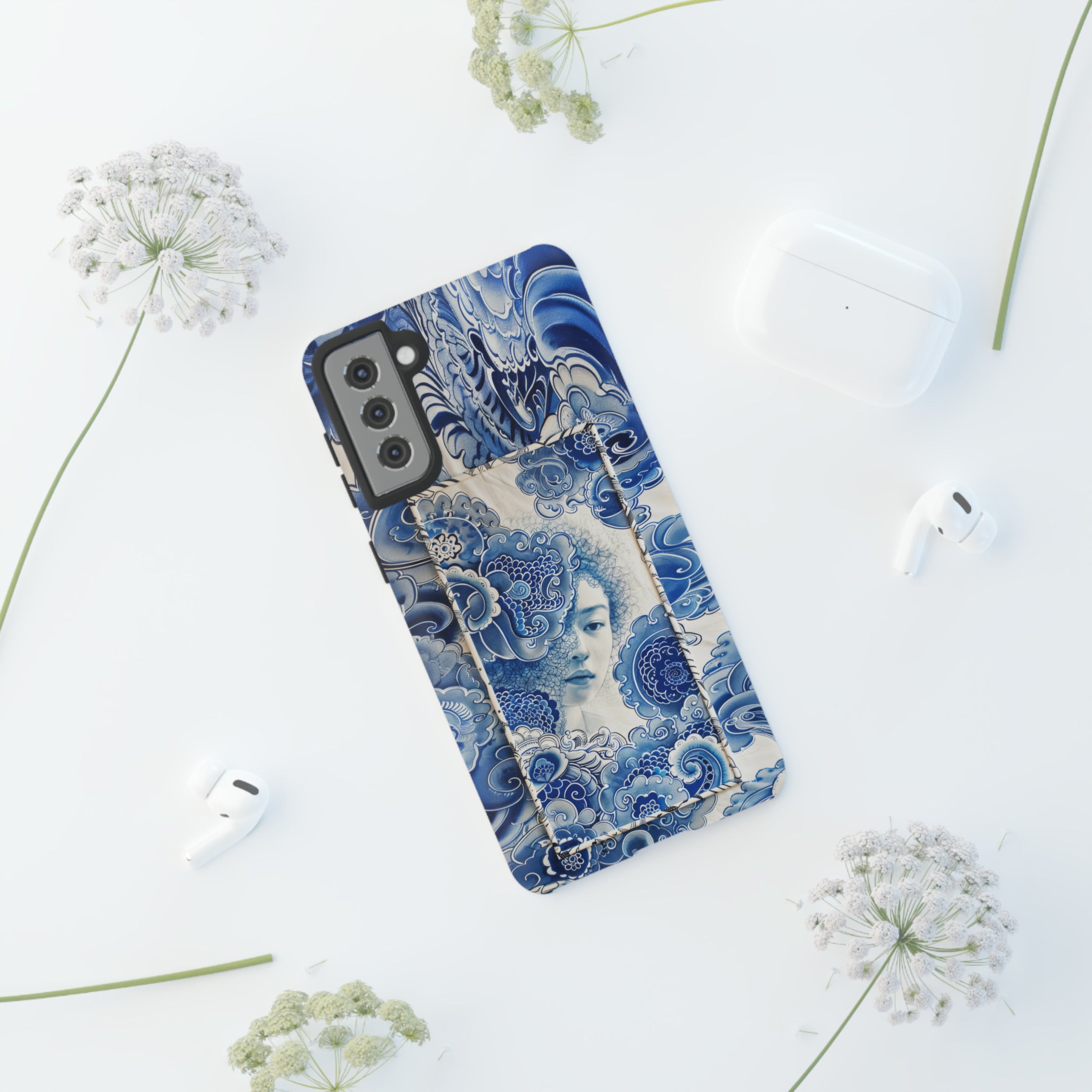 Phone Case, vintage blue girl tile , Artistic design, Tough Case, Blue vintage tile design, iPhone 15, 14, 13, 12, 11, Samsung, Pixel