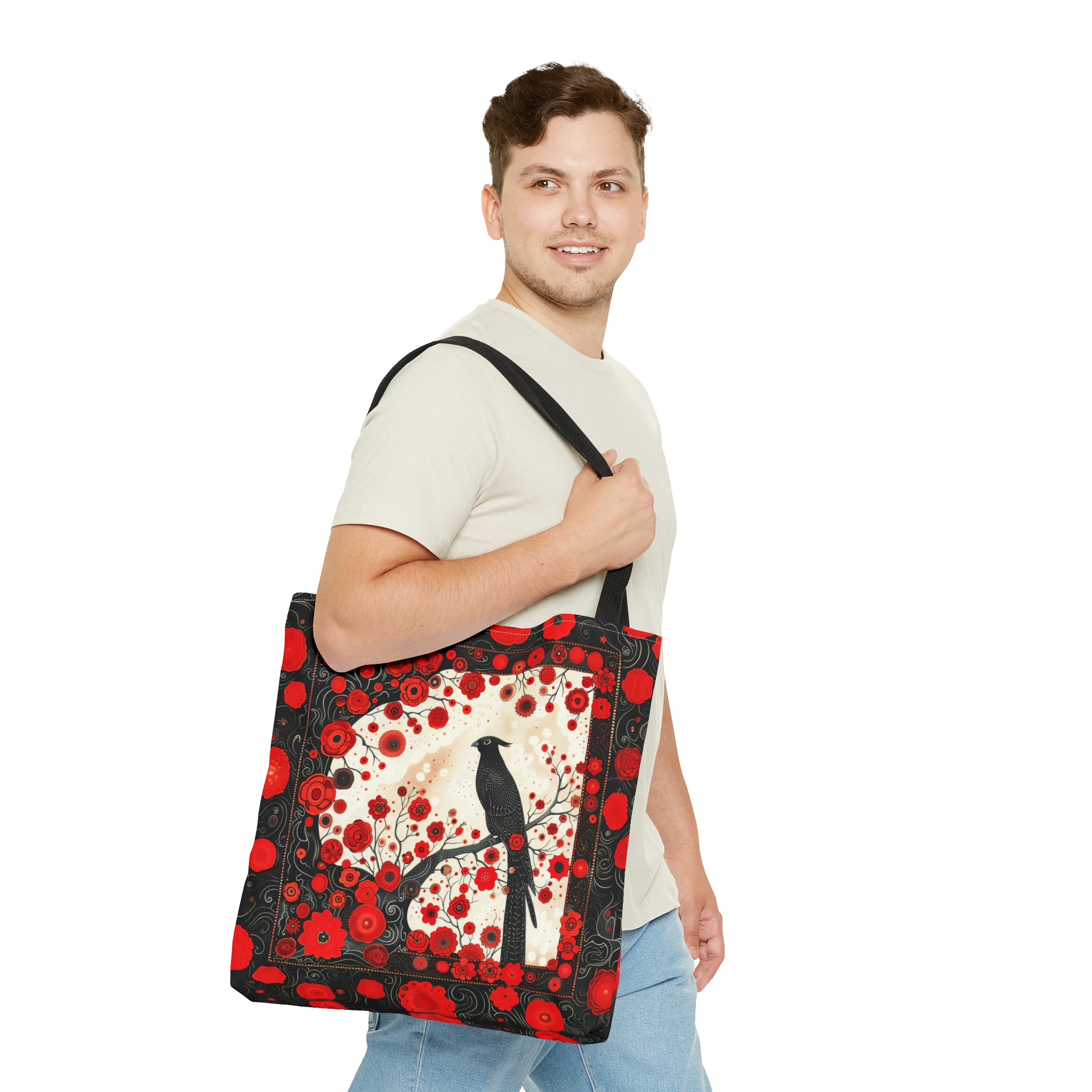 Canvas Tote Bag, vintage inspired bird design with red flowers, vibrant artistic accessory, whimsical all over print bag in three sizes