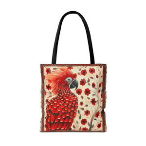 CanvasTote Bag, vintage inspired red parrot design, whimsical colorful bird printed bag, accessory tote , three sizes, all over print