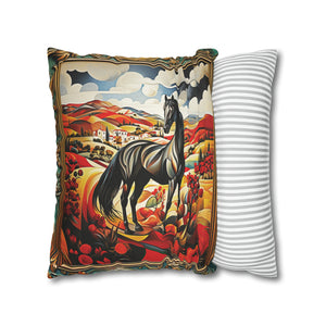 Square Pillow Case 18" x 18", CASE ONLY, no pillow form, original Art ,Colorful, Beautiful Black Horse on a Colorful Landscape with Red Fields of Flowers