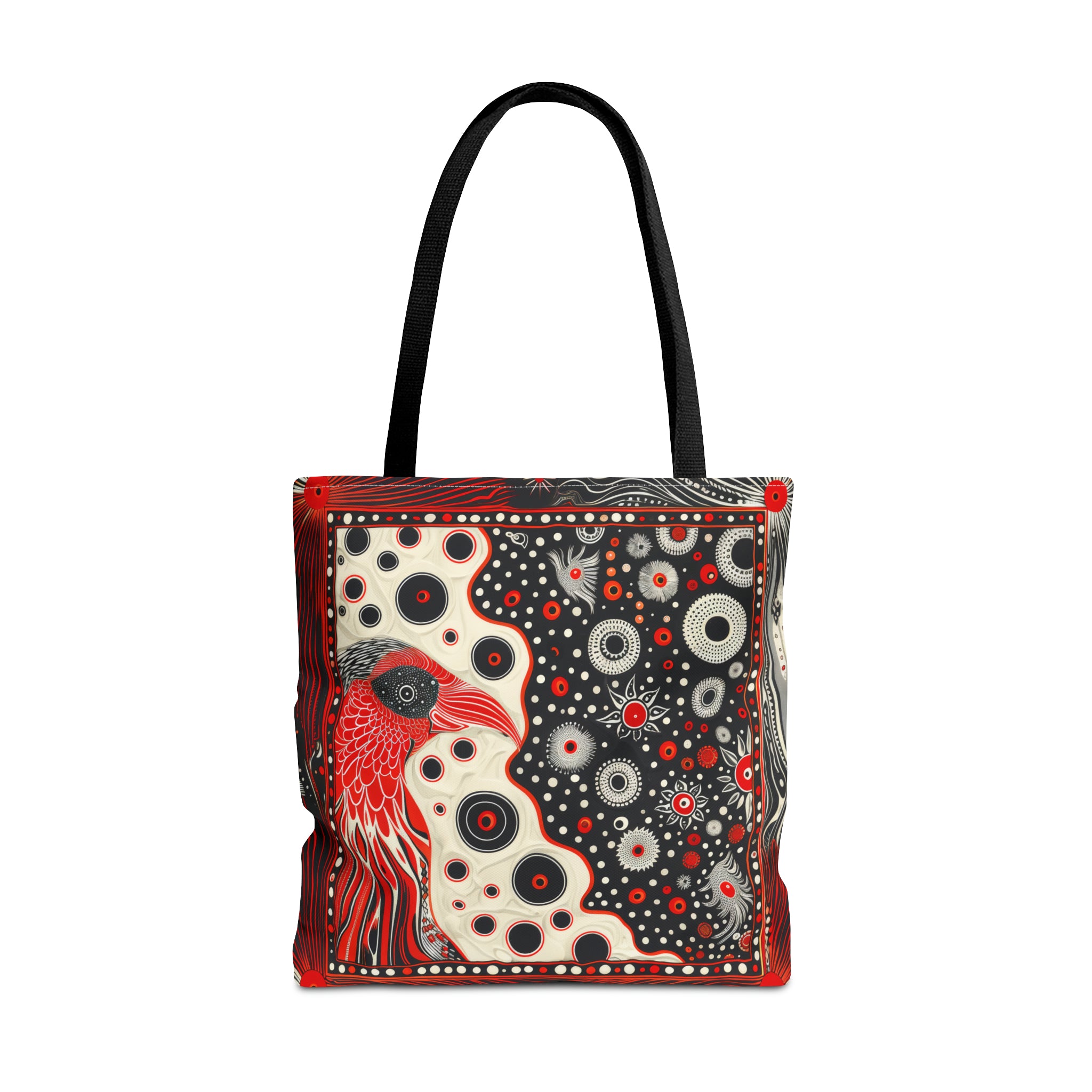 Canvas Tote Bag, Mod Red bird design, modern art inspired whimsical printed colorful design, Accessory bag, all over print