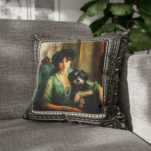 Square Pillow Case 18" x 18", CASE ONLY, no pillow form, original Art , a French Woman and her Dog in an Antique Frame