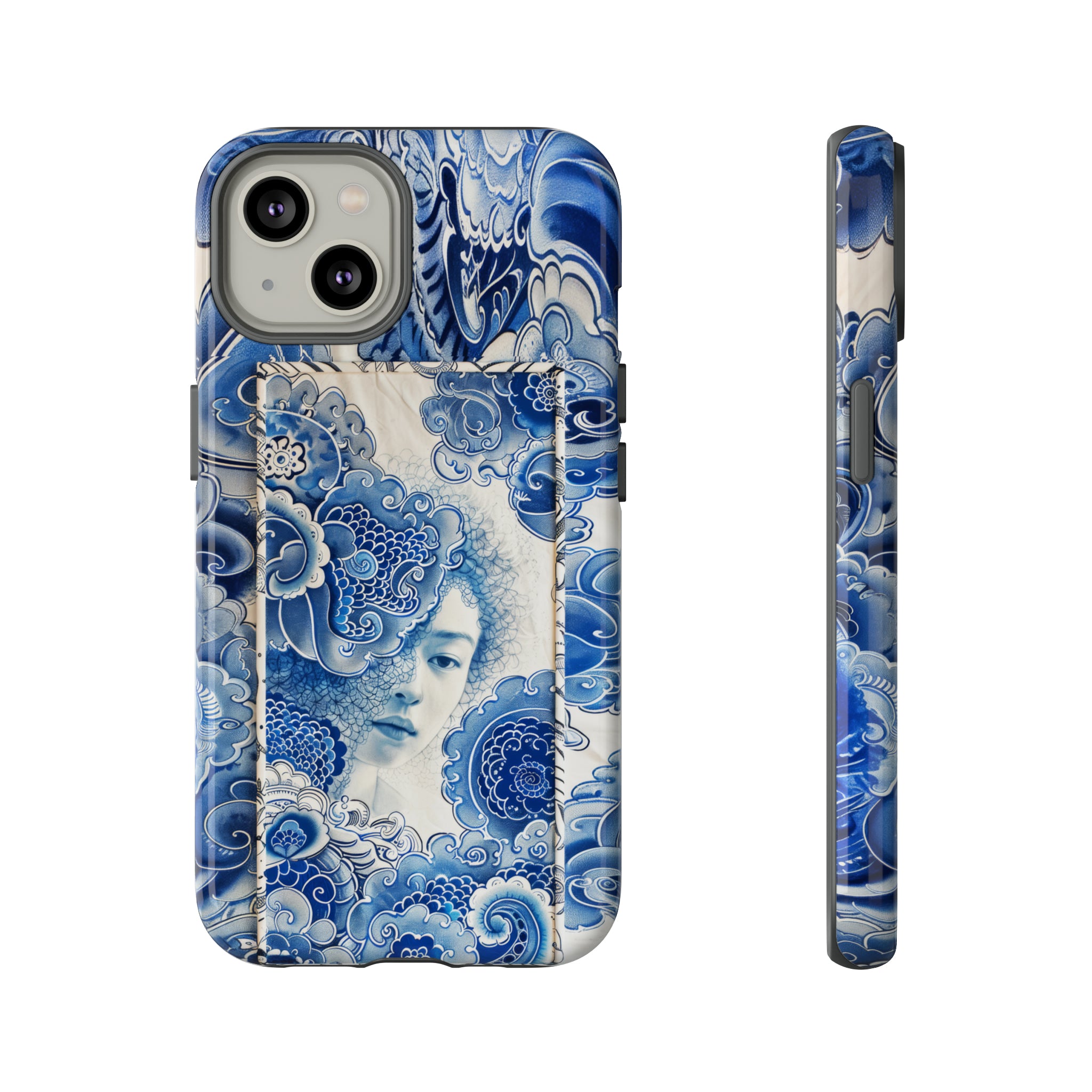 Phone Case, vintage blue girl tile , Artistic design, Tough Case, Blue vintage tile design, iPhone 15, 14, 13, 12, 11, Samsung, Pixel