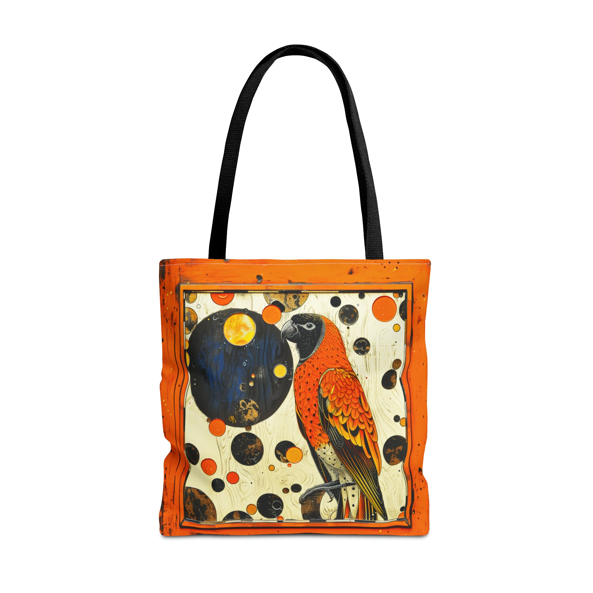 Canvas Tote Bag, vintage inspired bird in an orange frame design, vibrant artistic accessory, whimsical all over print bag in three sizes
