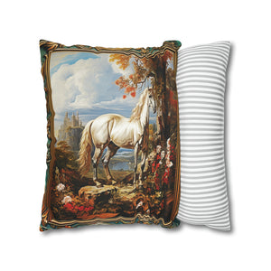 Square Pillow Case 18" x 18", CASE ONLY, no pillow form, original Art ,Colorful, A beautiful White Horse in a European Landscape