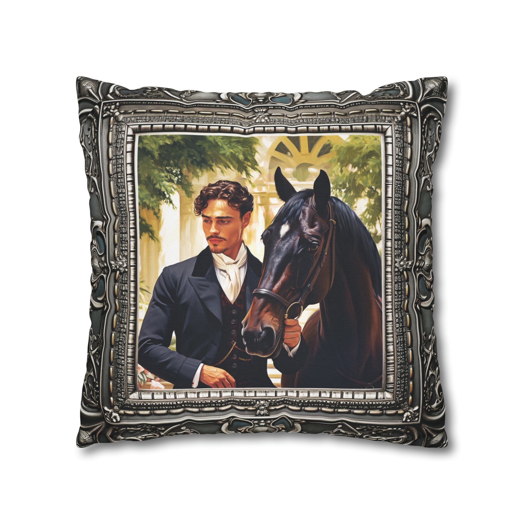 Square Pillow Case 18" x 18", CASE ONLY, no pillow form, original Art, a Painting of a young Nobleman and his Horse in an Antique Frame