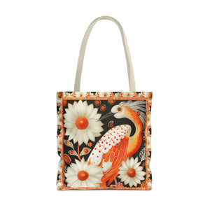 Canvas Tote Bag, inspired vintage orange stork design , vibrant artistic accessory, whimsical all over print bag in three sizes