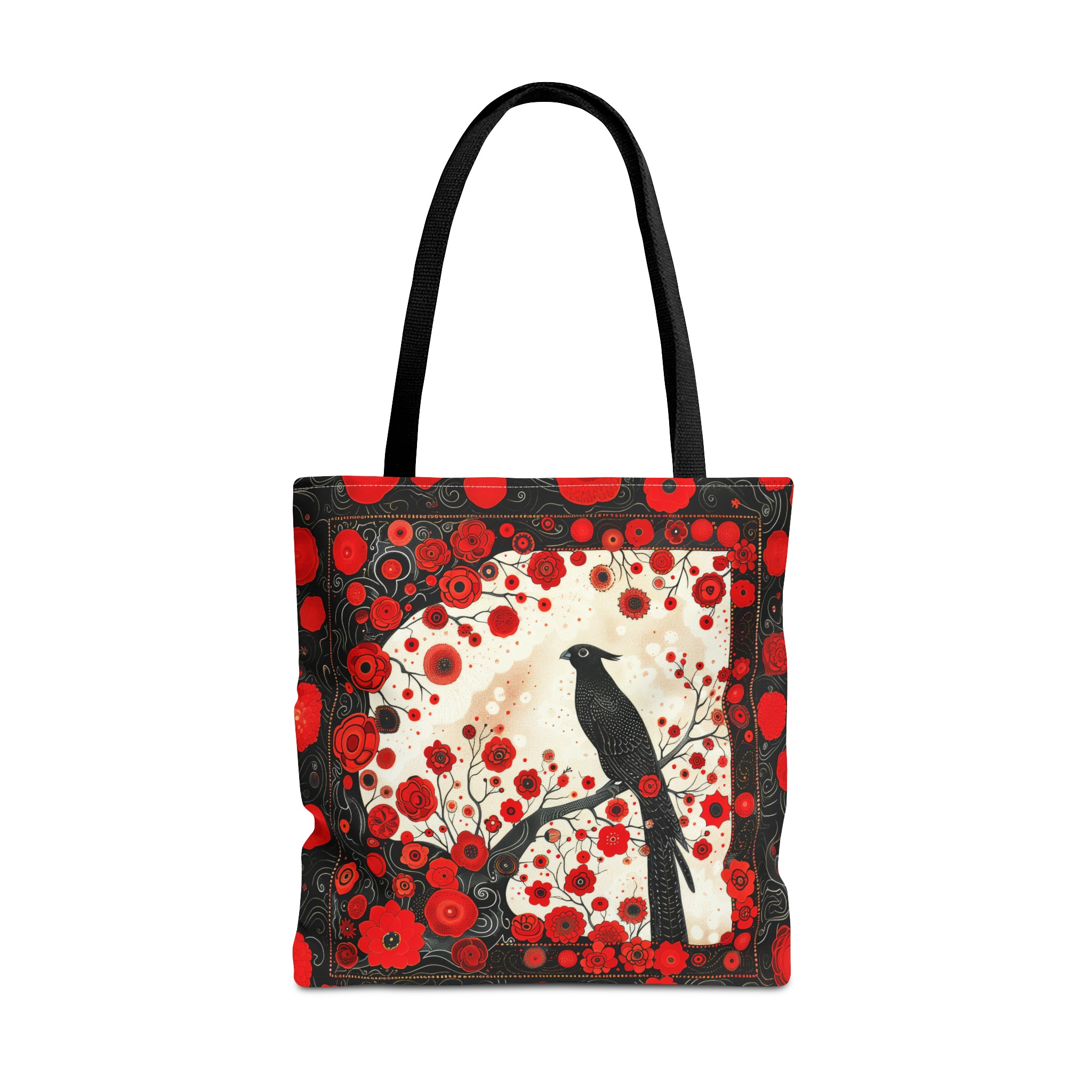 Canvas Tote Bag, vintage inspired bird design with red flowers, vibrant artistic accessory, whimsical all over print bag in three sizes