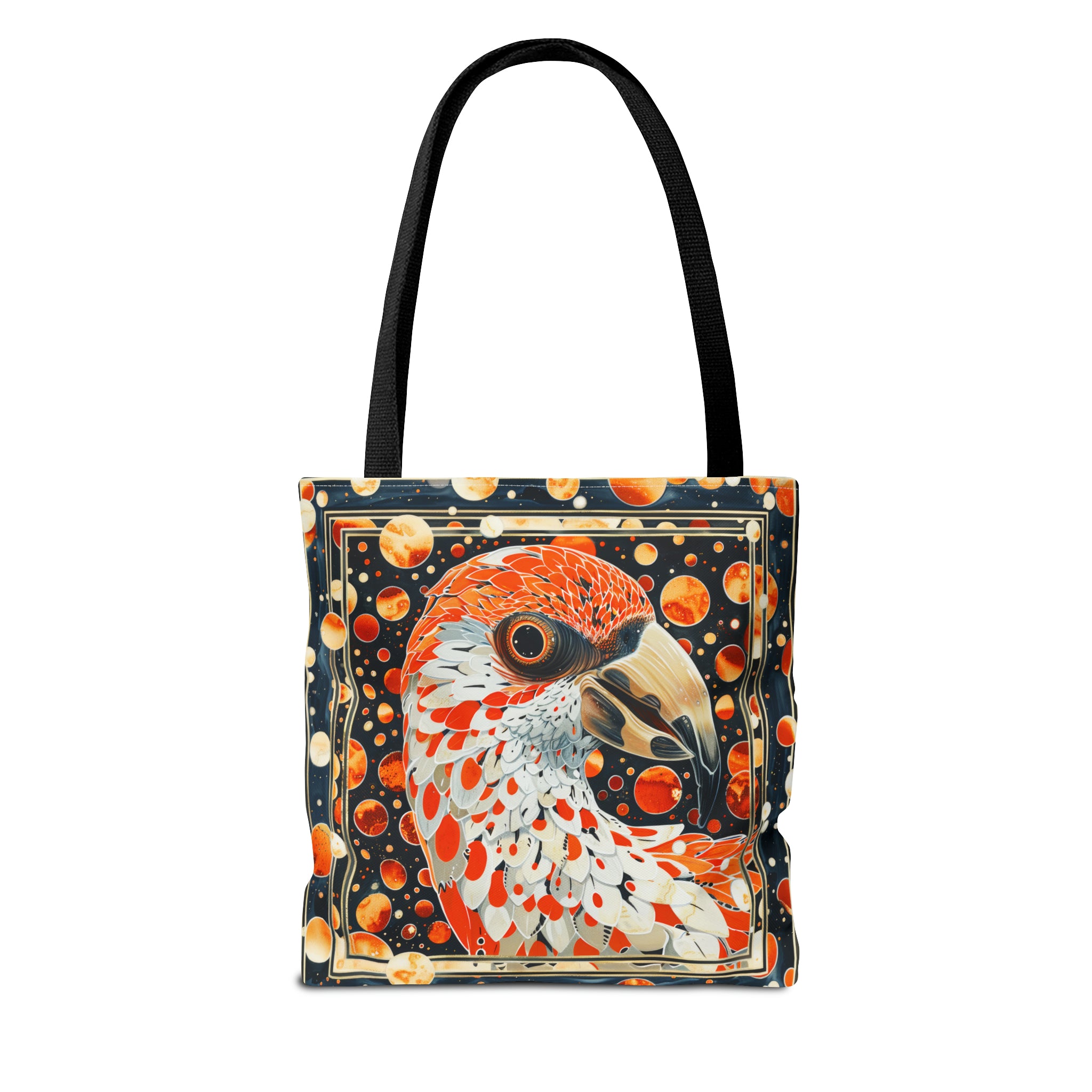 Canvas Tote Bag, vintage inspired orange bird design, vibrant artistic accessory, whimsical all over print bag in three sizes,