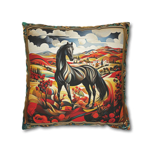 Square Pillow Case 18" x 18", CASE ONLY, no pillow form, original Art ,Colorful, Beautiful Black Horse on a Colorful Landscape with Red Fields of Flowers