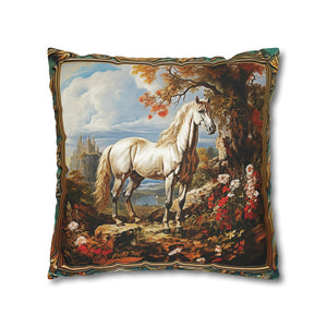 Square Pillow Case 18" x 18", CASE ONLY, no pillow form, original Art ,Colorful, A beautiful White Horse in a European Landscape