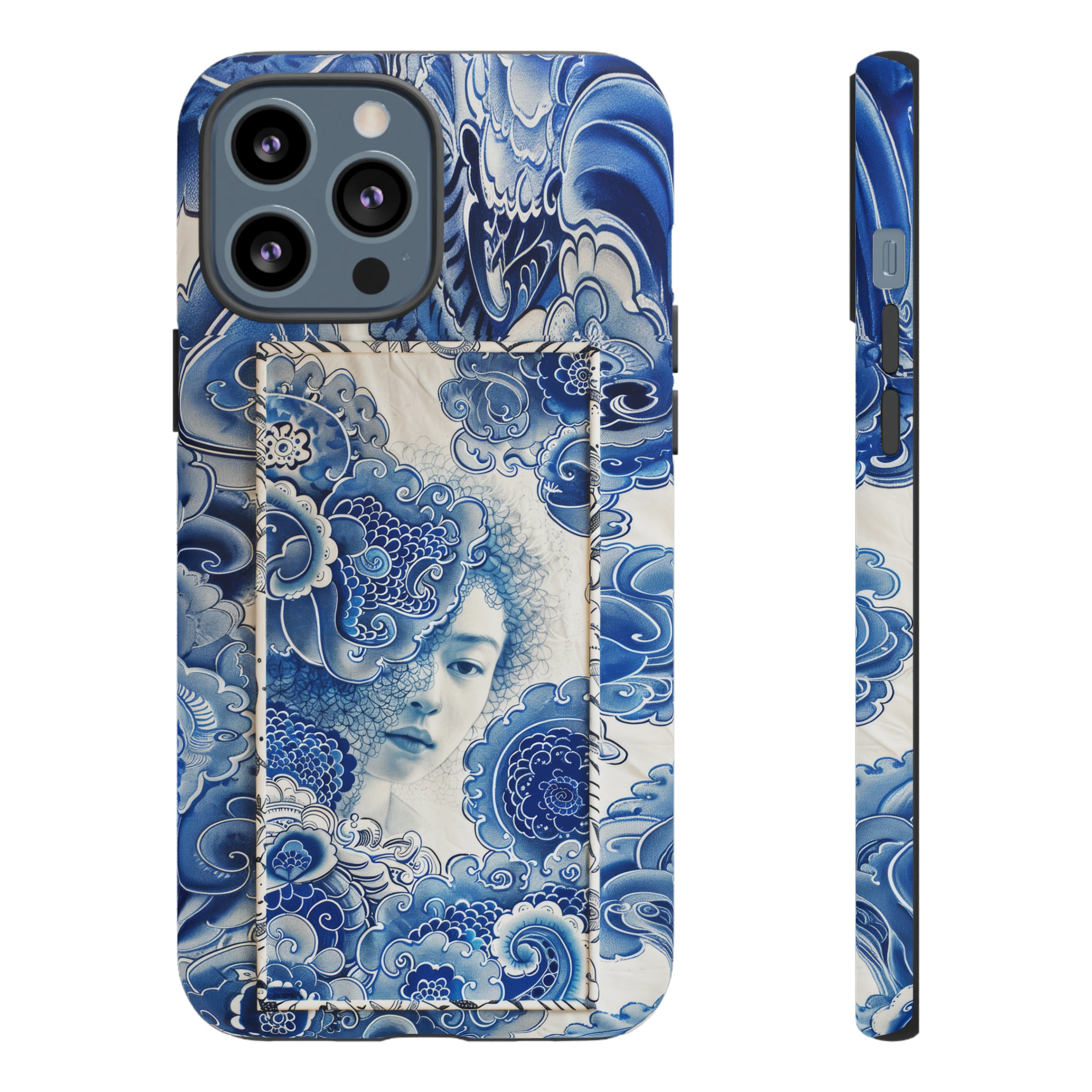 Phone Case, vintage blue girl tile , Artistic design, Tough Case, Blue vintage tile design, iPhone 15, 14, 13, 12, 11, Samsung, Pixel