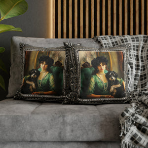 Square Pillow Case 18" x 18", CASE ONLY, no pillow form, original Art , a French Woman and her Dog in an Antique Frame