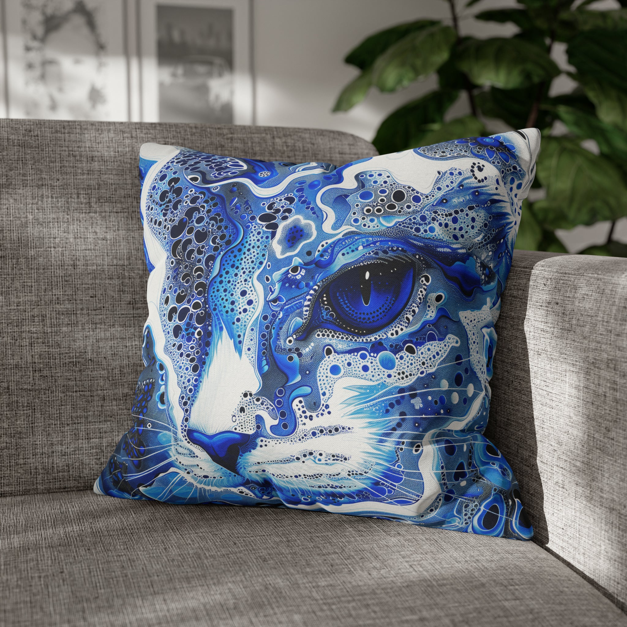 Modern style Blue cat pillow, beautiful animal accent pillow, Home decor for cat lover, unique whimsical cat theme, abstract art  style, case only