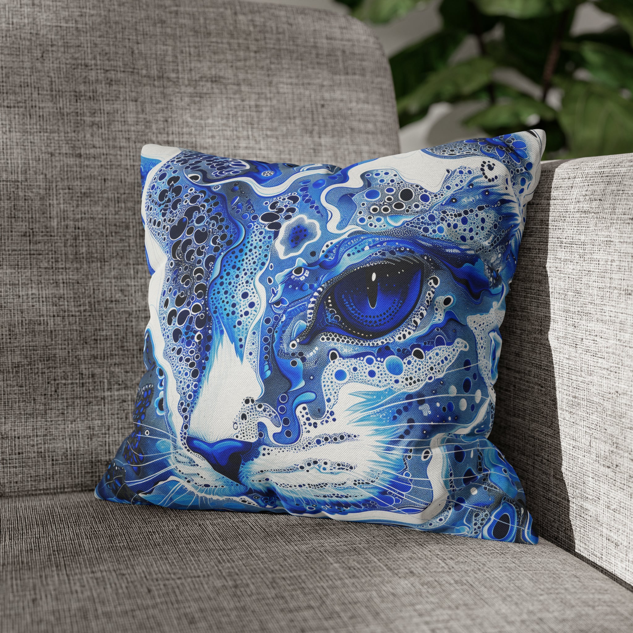 Modern style Blue cat pillow, beautiful animal accent pillow, Home decor for cat lover, unique whimsical cat theme, abstract art  style, case only