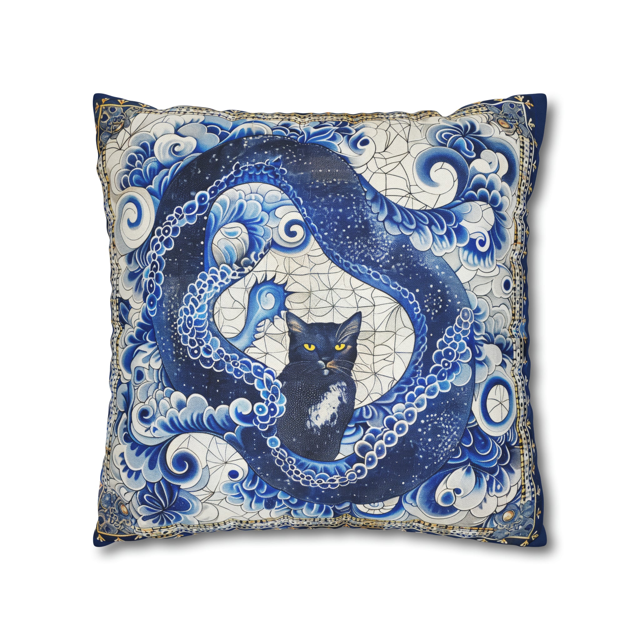 Vintage Blue cat pillow, beautiful animal accent pillow, Home decor for cat lover, unique whimsical cat theme, Portuguese tile style, case only