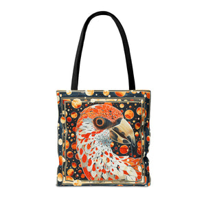 Canvas Tote Bag, vintage inspired orange bird design, vibrant artistic accessory, whimsical all over print bag in three sizes,